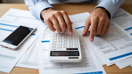 A persons hands operate a white calculator on a wooden desk, surrounded by important financial documents and a smartphone