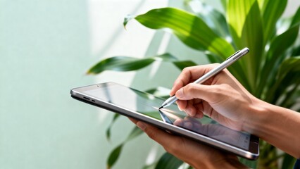 Person using tablet with stylus near plant