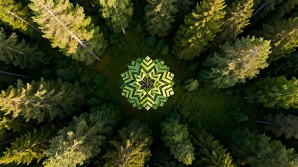 Aerial view of forest with geometric sculpture