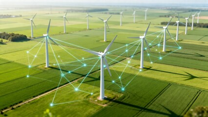 Wind turbines in green fields with network connections