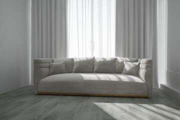 modern room with sofa and curtains interior design. 3D illustration