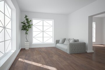 modern room with sofa with pillows and plant in flowerpot in the corner interior design. 3D illustration