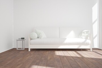 modern room with white sofa with pillows and table with plates near it interior design. 3D illustration
