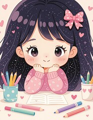 little girl drawing with pencils