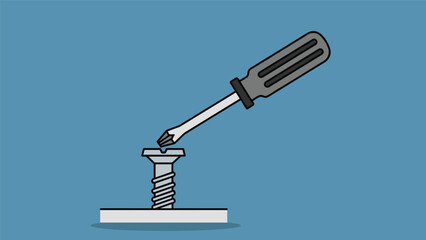 A screwdriver is shown in the process of tightening a screw, illustrating the concept of repair, construction, and DIY projects.