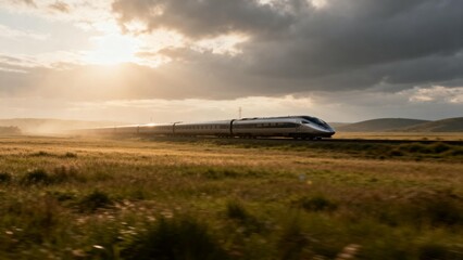 High speed train traveling through grassy field