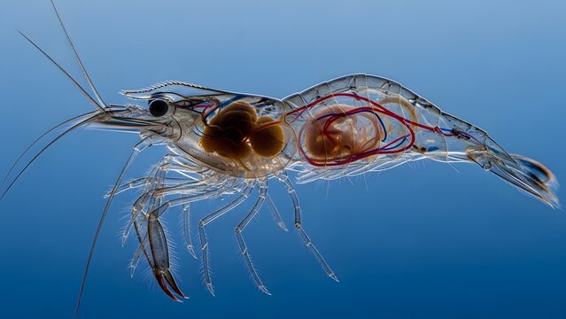 Extreme macro of transparent ghost shrimp molting exoskeleton with internal organs visible through translucent carapace during blue hour tidepool reflection