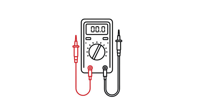 A digital multimeter with probes is illustrated, indicating electrical testing, measurement, and electronic diagnostics.