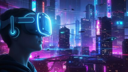 Immersed VR Future Cityscape with Infinite Digital Possibilities.