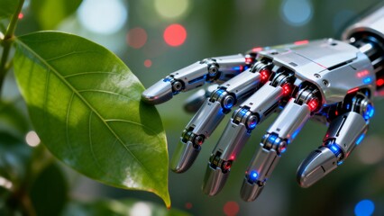 Robot hand touching green leaf