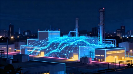 Futuristic industrial facility at night