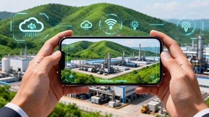 Person holding smartphone showing industrial facility