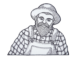 strong senior old man farmer gardener agriculture farm male worker organic field art design illustration hand drawing black white isolated background sketch cartoon character icon logo sign symbol