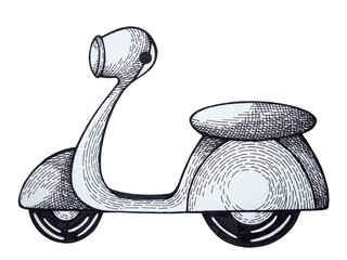 scooter motorcycle motorbike bike transport motor travel transportation road ride trip vehicle art design illustration hand drawing black white isolated background sketch cartoon icon logo sign symbol