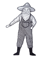 strong senior old man farmer gardener agriculture farm male worker organic field art design illustration hand drawing black white isolated background sketch cartoon character icon logo sign symbol