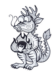 dragon monster cartoon character creature dinosaur fireball art design illustration hand drawing sketch doodle black white isolated graphic collage pattern background vintage retro icon logo symbol