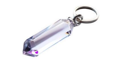 A crystal pendant hangs from a silver keychain against a black background