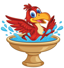 Cartoon Red Bird Splashing in Birdbath with Water