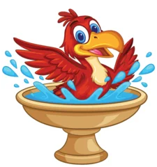 Selbstklebende Fototapeten Kinder Cartoon Red Bird Splashing in Birdbath with Water  © GraphicsRF