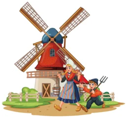 Selbstklebende Fototapeten Kinder Children in Traditional Dutch Clothing Near Windmill Illustration  © GraphicsRF