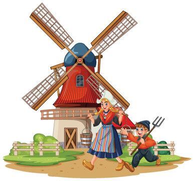 Children in Traditional Dutch Clothing Near Windmill Illustration