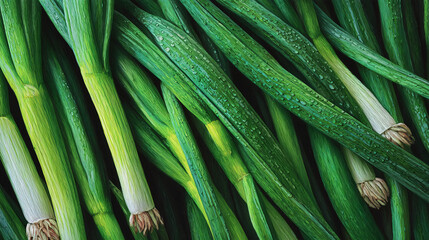 Fresh, vibrant green onions arranged, ready to add flavor and zest to any dish. Their clean lines and natural texture create an appetizing visual appeal