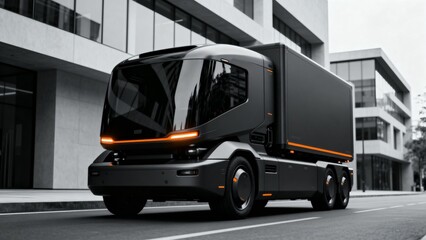 Futuristic black delivery truck on city street