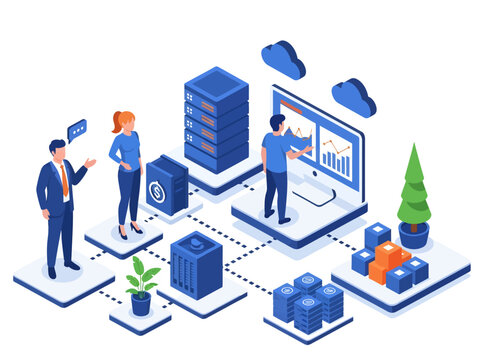 Isometric business technology concept showing a team managing cloud servers, financial data security, and logistics analytics in a connected digital ecosystem
