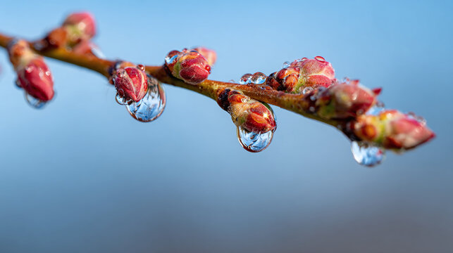 Dew drops cling delicately to a budding branch, capturing the beauty of spring's arrival