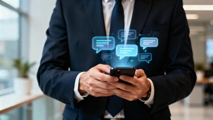 Businessman using smartphone with digital messages