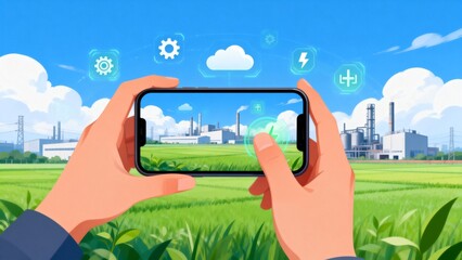 Hands holding phone with factory and field view