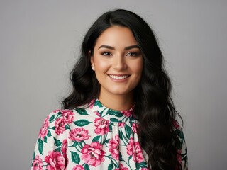 Portrait of a smiling young woman with long dark hair wearing a floral blouse
