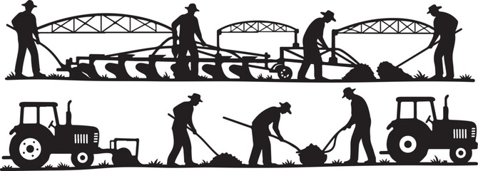 Farmers working in fields with tractors and equipment silhouettes