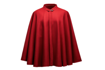 Bright red wool cape with folded collar and single button fastening on dark background cloak fabric