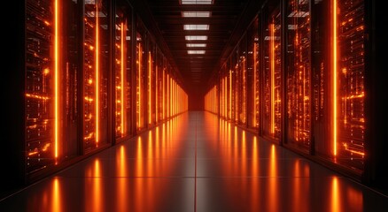 Long corridor of data servers glowing with orange lights, reflecting on a polished floor