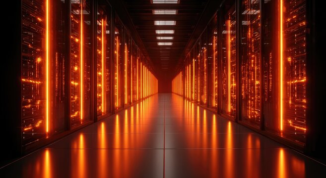Long corridor of data servers glowing with orange lights, reflecting on a polished floor - Powered by Adobe