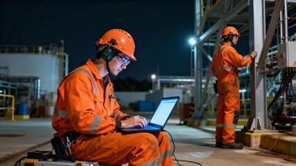 Workers in orange uniforms at industrial site