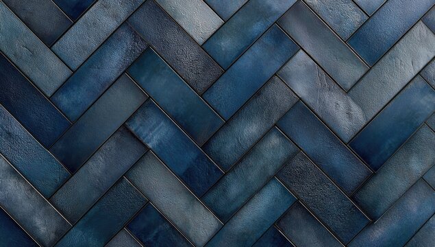 Close-up of a textured herringbone pattern with rectangular tiles in various blue shades