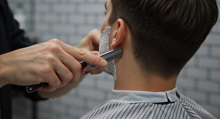 Close-up of barber shaving man's beard with straight razor. Professional male grooming in barbershop