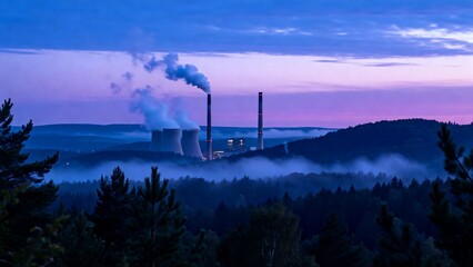 Industrial plant with smokestacks at dusk