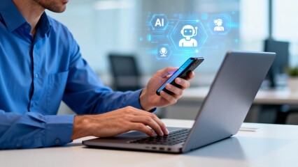 Person using smartphone and laptop with AI icons