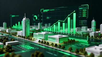 Futuristic cityscape with digital data overlay