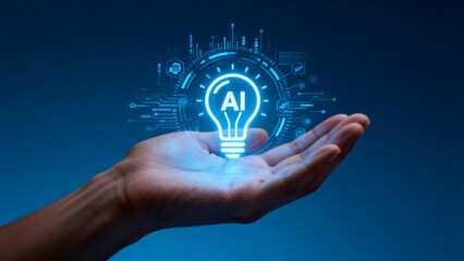 Hand holding glowing AI light bulb
