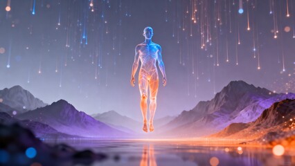 Human figure floating in mystical landscape
