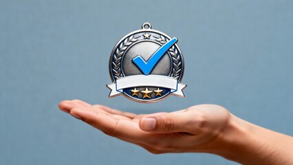 Hand holding a medal with checkmark