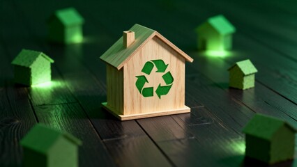 Wooden house model with recycling symbol