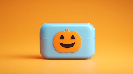 Adorable light blue container featuring a cheerful orange jack o lantern emblem sits centered against a vibrant solid orange background 