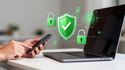 Person using phone with laptop and security icons