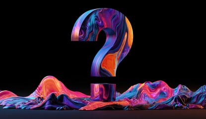 A vibrant, swirling, colorful question mark floats above a textured, flowing landscape