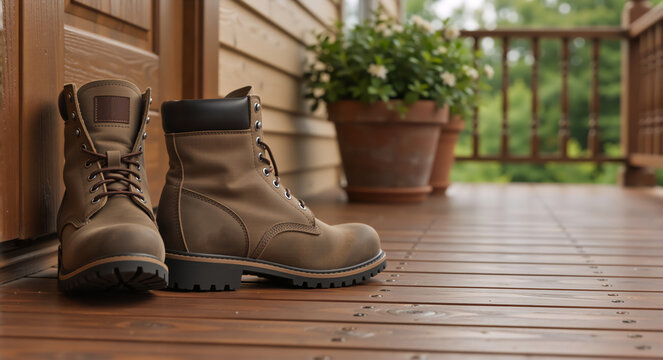 Pair of brown leather work boots on a wooden porch. Durable safety footwear with laces. Copy space for text - Powered by Adobe
